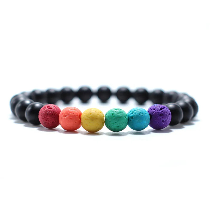 Colorful Lava Stone Bracelet Men Women 8mm Natural Onyx Tiger Eye Beaded Braclet Rainbow Friendship Brass Braslet