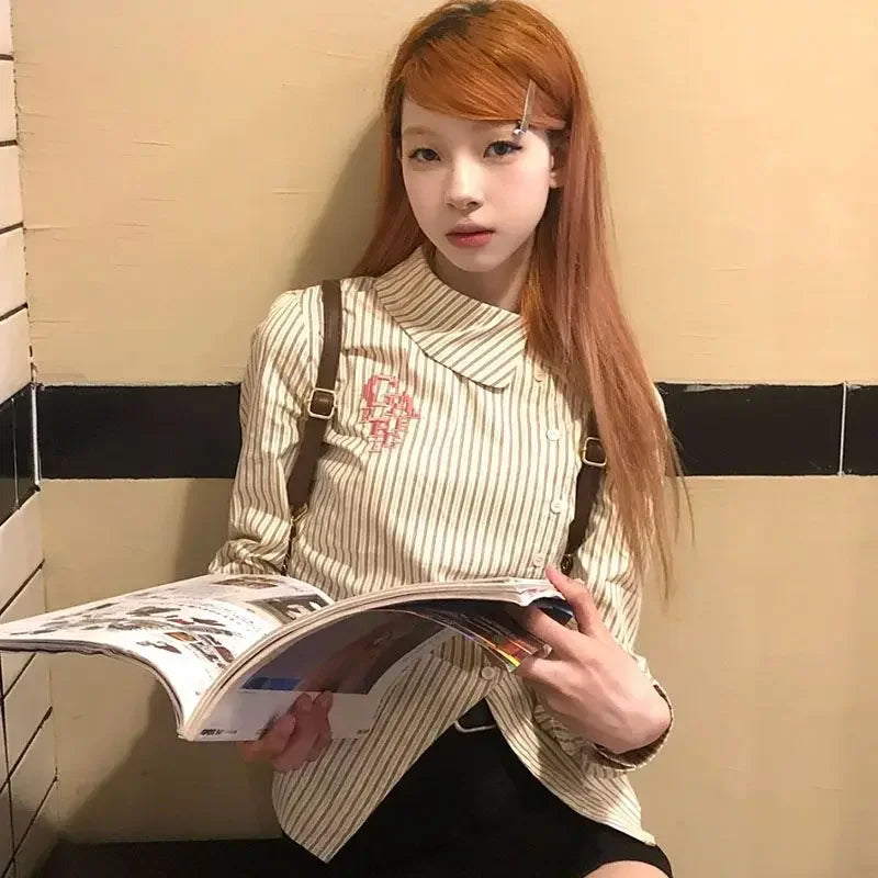 Blusas Mujer De Moda Striped Y2k Tops Tunic Shirts Blouse Women Clothing O-neck Slim Shirt Fashion Embroidery Vintage Tops