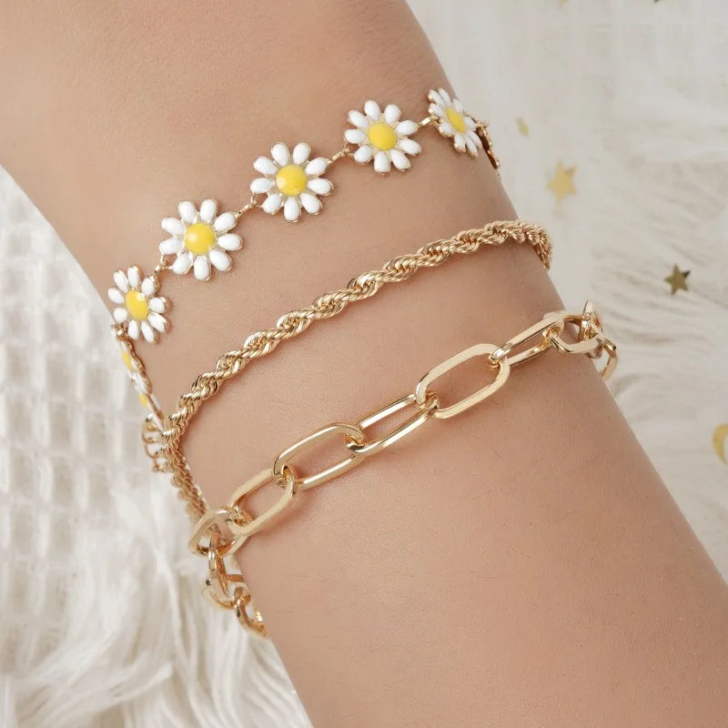 3pcs Cute Daisy Flower Pendant Bracelet Anklet Set for Women Bohemian Beaded Enamel Sunflower Stackable Hand String Jewelry