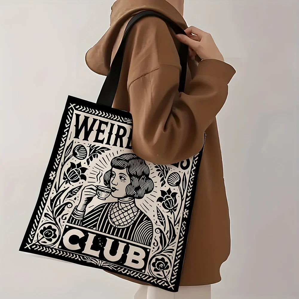 1pc Weird Girls Club Tote Bag Stylish Black & White Floral Design Daily Casual Use Shoulder Bag Christmas Gift for Best Friends