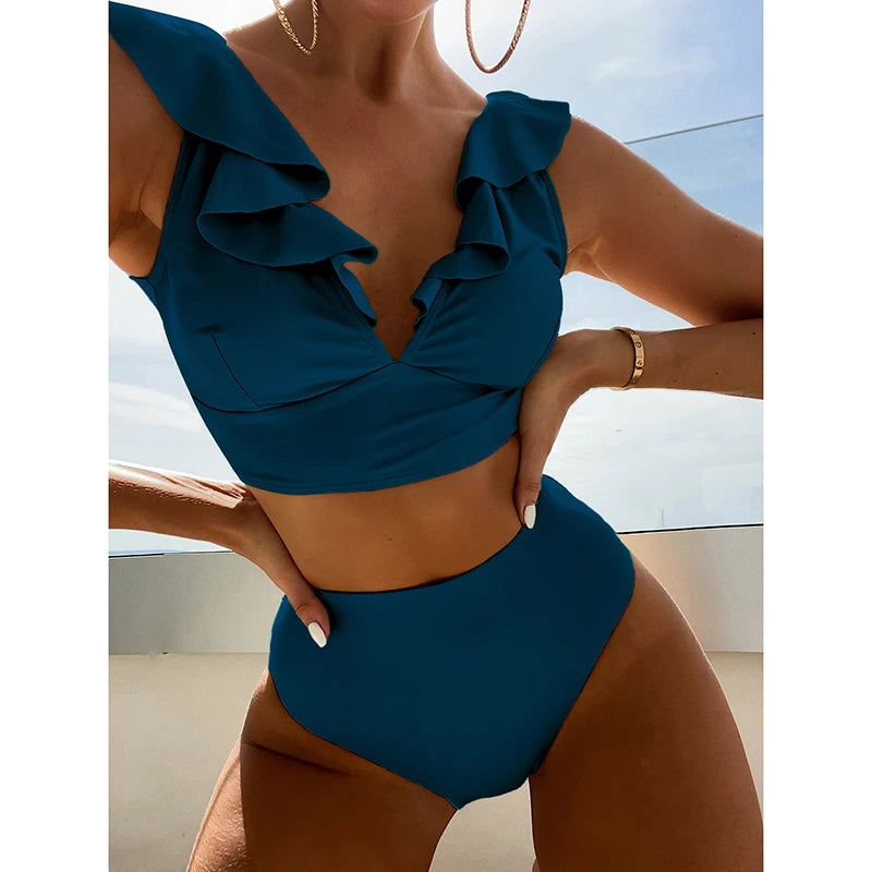 Riseado High Waist Bikinis Set Ruffle Shoulder Sexy Plunging Swimwear Women Bathing Suit Summer Beachwear