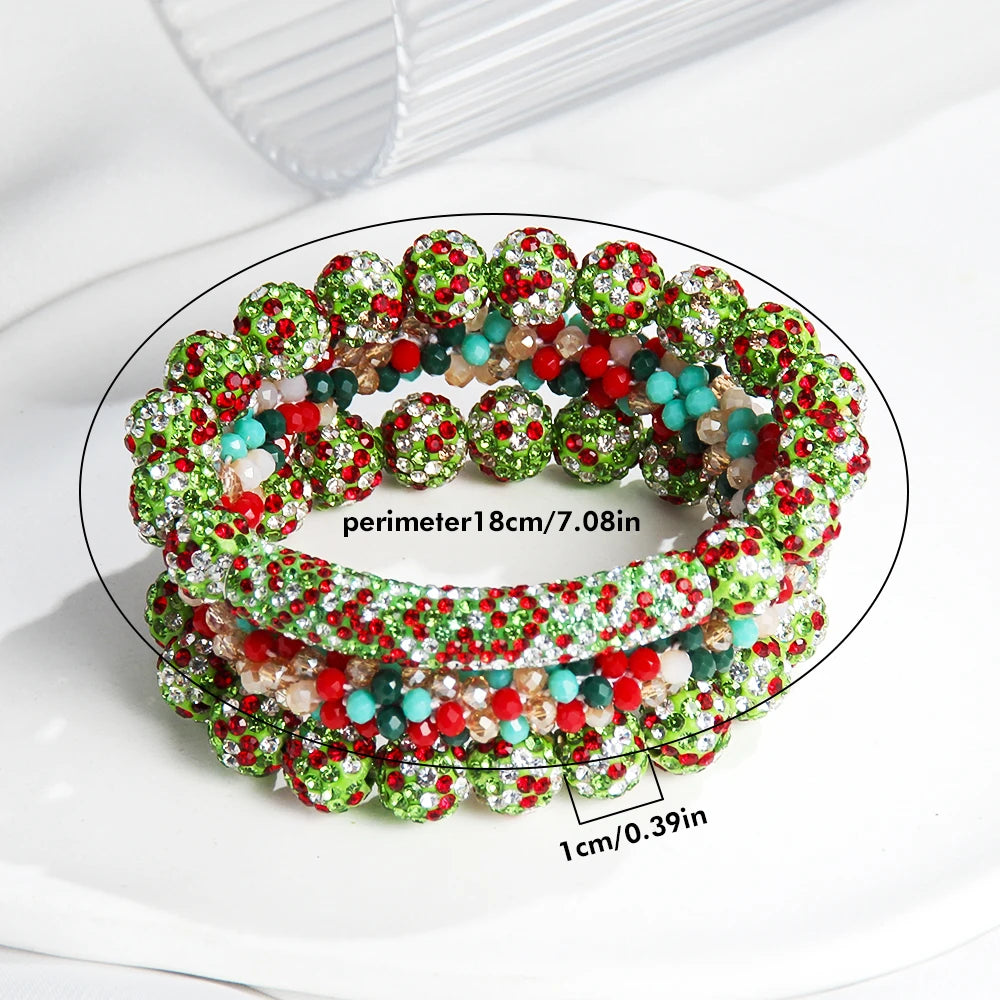 New American Independence Day 3pcs Stack Bracelet Set 10mm Red White Blue Mixed Rhinestone Ball Glass Beaded Elastic Bracelet