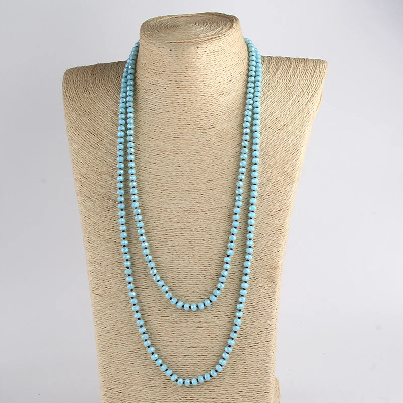 Fashion Bohemian Tribal Jewelry 6mm Crystal Long knotted Glass Crystal Necklace