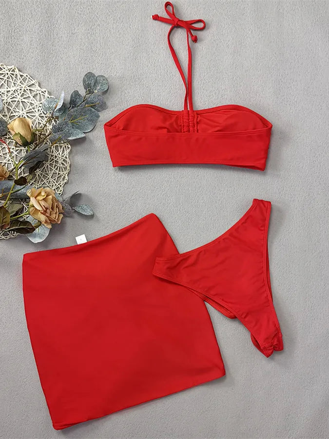 Sexy White Bikinis Sets 3D Floral Designer 3 Piece Swimsuit 2024 Summer Black Push Up Beach Bathing Suit Skirt Swimwear Biquini