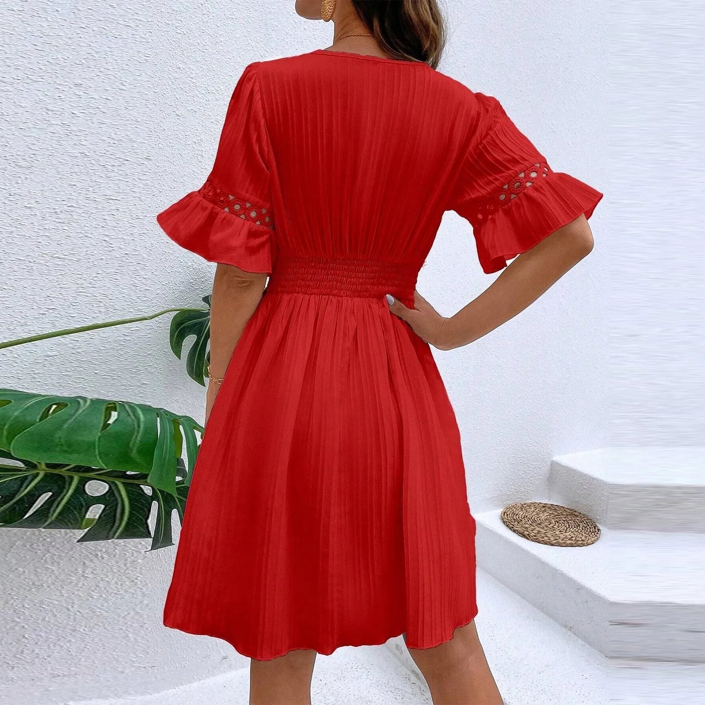 Women Sexy V Neck Flying sleeve Mini Dress Summer Hollow Embroidery Lace Patchwork Party Dress Casual Loose Beach A-Line Dress