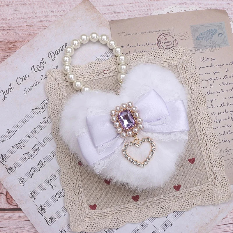 Romantic Bag Ornament Plush Heart Pearls  Keychain Bag Decor Keyring Sweet Ita Bag Pendant Handmade Bow Accessories Keychain