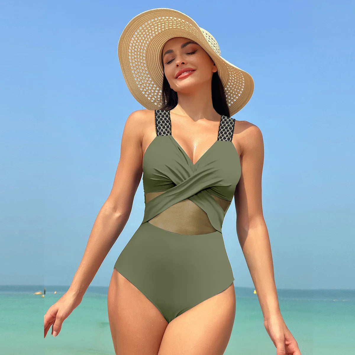 Sexy One Piece Swimsuit Women's Pure Color Mesh Bikini Swimsuit Summer New
