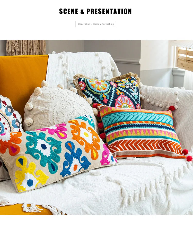 Nordic Ethnic Style Cushion Cover Cotton Moroccan Handmade Embroidery Cotton Tassel Throw Pillow Cover Living Room Home Decor
