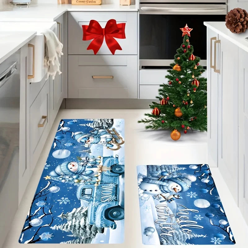 Merry Christmas Blue Snowman Truck Kitchen Mats Winter Xmas Entrance Non-slip Door Mat Balcony Hallway Rug Christmas Decorations