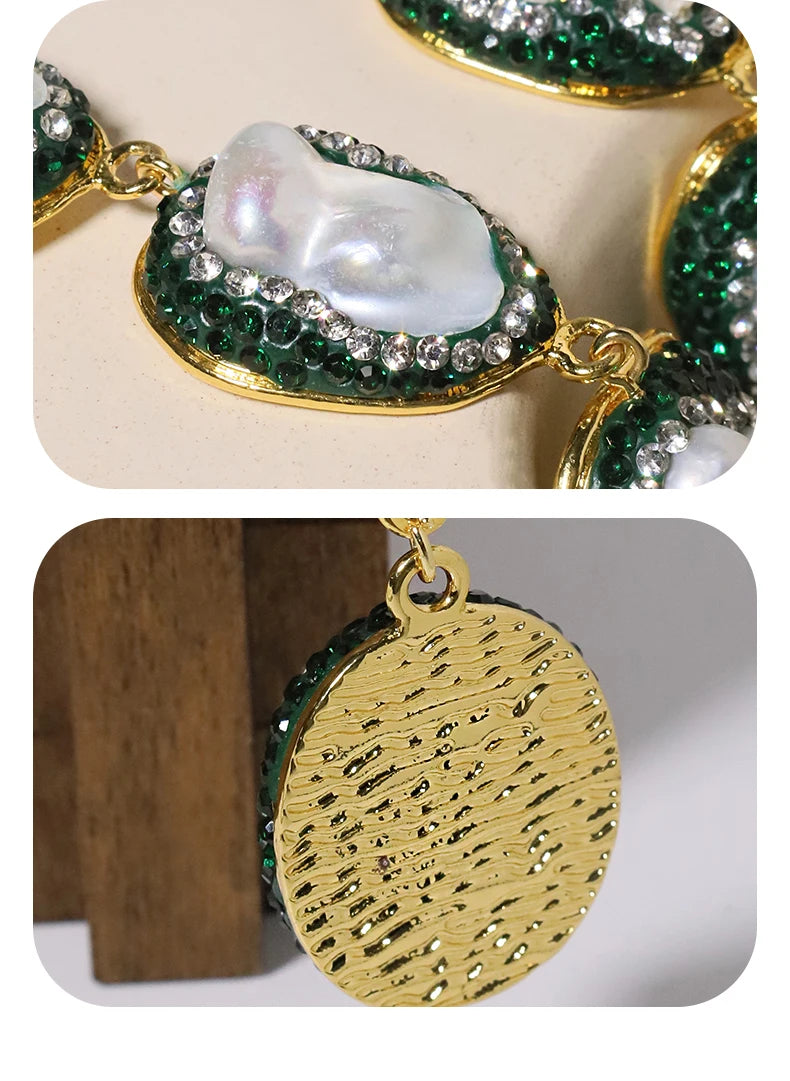 Natural Baroque Pearl Inlaid Zircon Green Necklace Korean Style Women Luxury Jewelry Fashion Ladies and Girls Gift GN0701