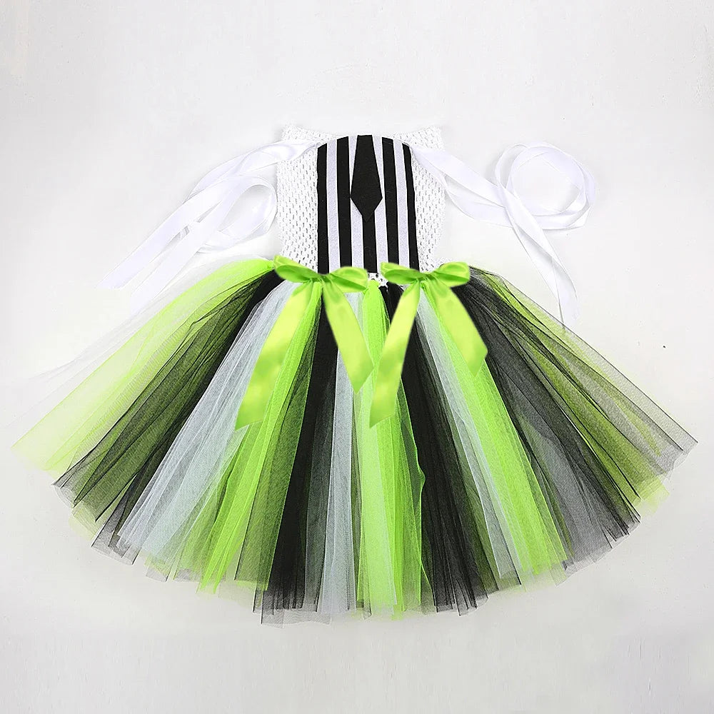 Kids Beetle Juice Costume Girls Black White Striped Tulle Tutu Dress Girls Halloween Carnival Party Princess Dress Up Clothes
