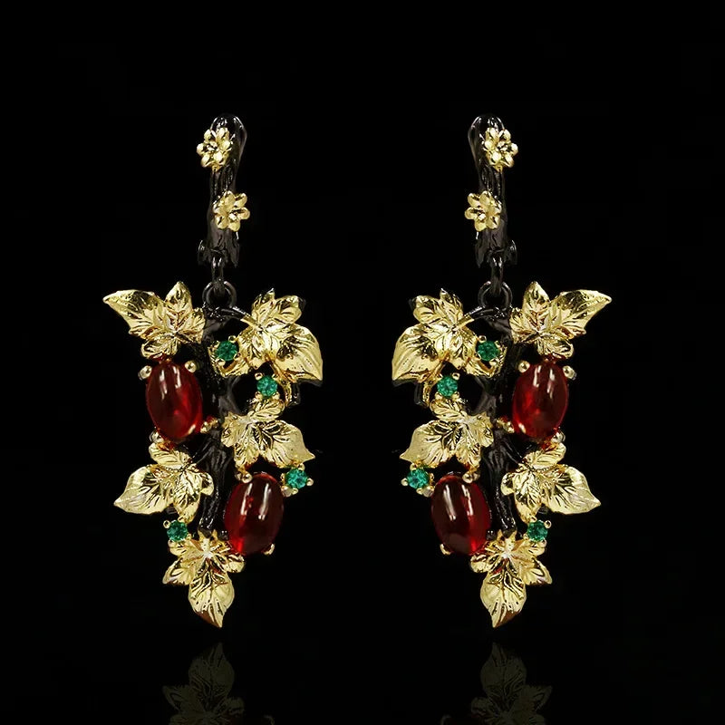 New Elegant Black Gold Ruby Pendant Flower Leaf 925 Silver Earrings Crystal Gemstone Ladies Jewelry Earrings Silver 925 Jewelry