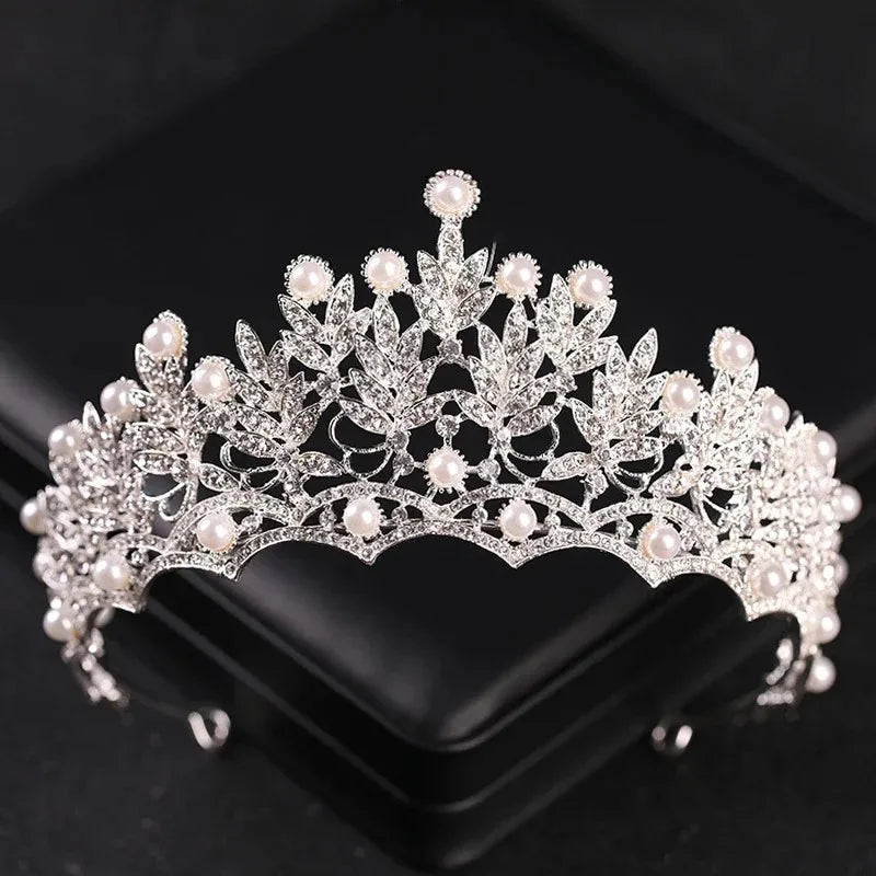 Luxury Silver Color Crystal Pearls Bridal Tiaras Crown Baroque Rhinestone Pageant Diadem Bride Headband Wedding Hair Accessories