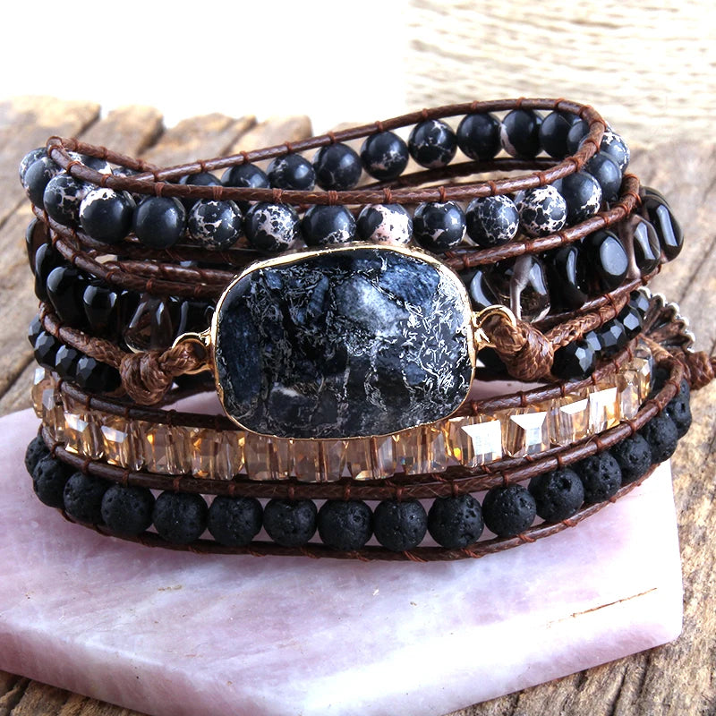 RH Fashion Bohemian Jewelry Natural Stones Charm 5 Strands Mix Handmade Wrap Bracelets Festival Gift