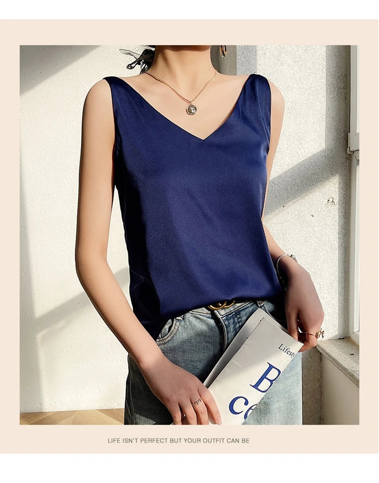 Women's New Four Seasons Inner Wear Silk Suspenders 2022 V-Neck Solid All-Match Satin Vest Soft Loose Thin Lady Sleeveless Tops