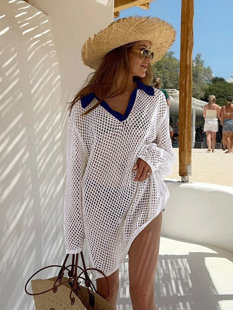 Solid Colour Beach Knit Mini Dress Women's Summer Sexy Hollow Out Long Sleeve Swimsuit Cover Up Boho Holiday Loose Beachwear K17