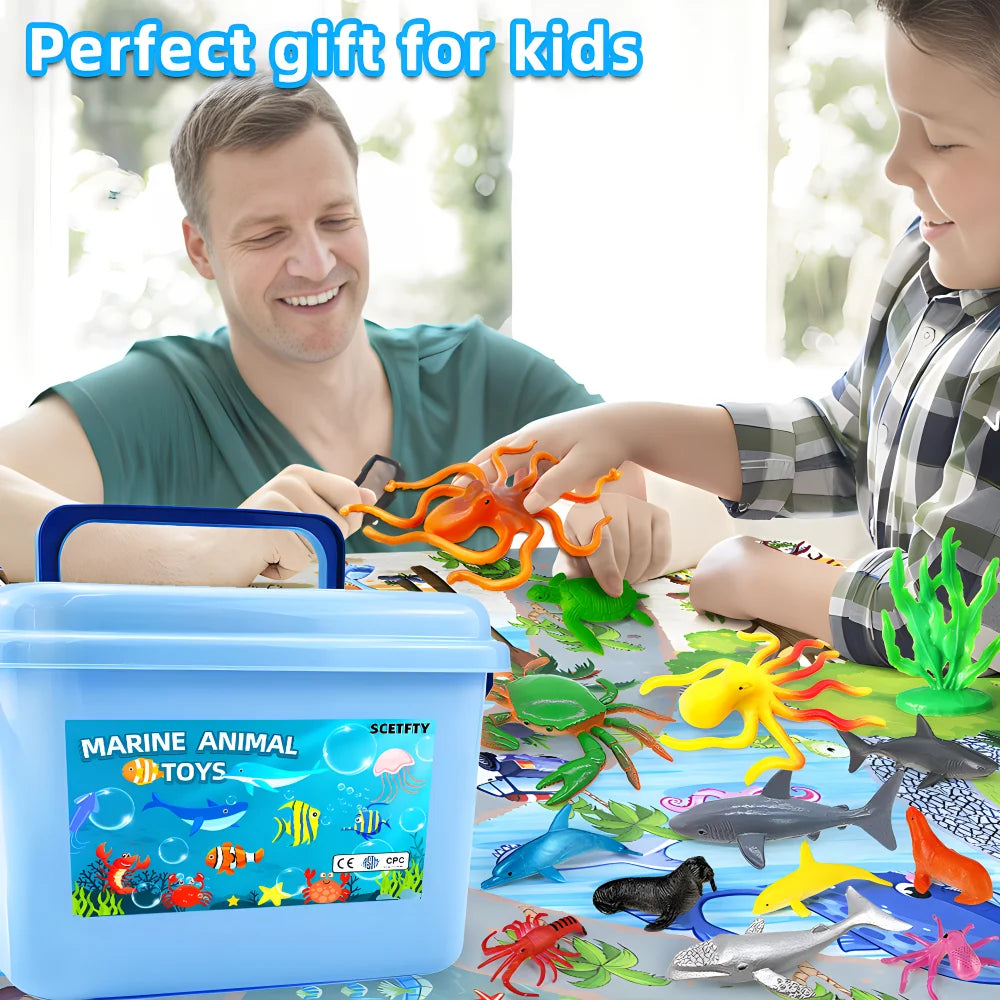 Solid core plastic Marine animal Submarine biological model starfish shark model storage box set Educational toys Christmas gift