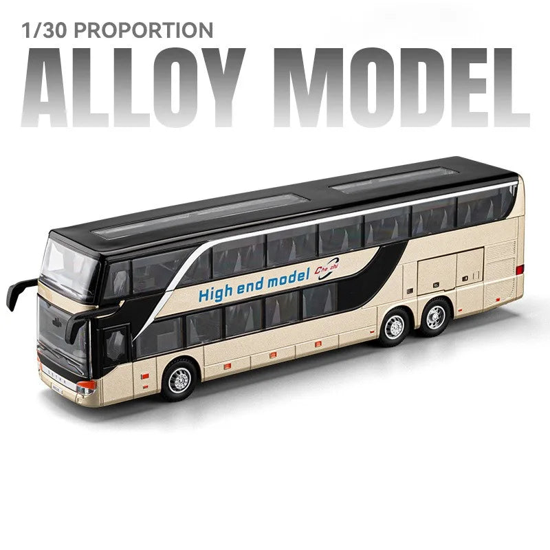 1:30 Business Single Alloy Diecast Double Decker Bus Model Toys Car Doors Opened Sound Light Pull Back Cars Child Christmas Gift