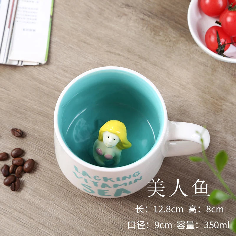 Cute Cartoon Coffee Figurine Mugs with Animal Inside, Ceramic 3D, Uincorn, Love Novelty Cup, Christmas Gift for Friends, Kids