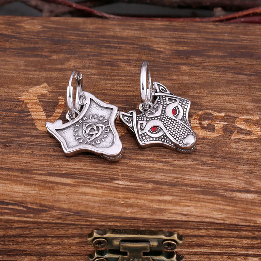 Vintage Vikings Wolf Drop Earrings For Men Fashion Celtic Rune Amulet Accessories Stainless Steel Hip Hop Biker Charm Jewelry