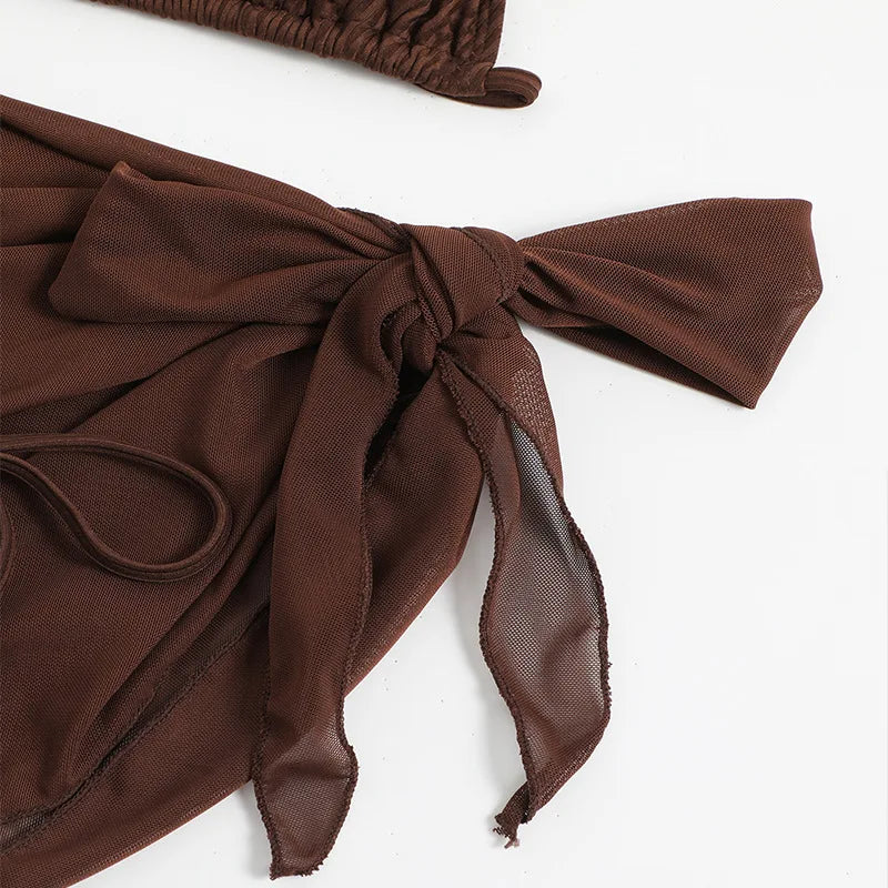 Sexy Solid Brown Bikinis Set Women Ribbed Halter Push Up Mesh Skirt Swimsuit 2024 Mujer Brazilian Bathing Suit Cover Up Swimwear