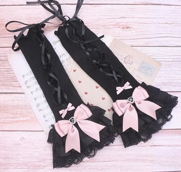 Handmade Sweet Women's Lolita Mine Lace Bow Rhinestone Oversleeves Girls Japanese Style Lace Sleeves Mittens