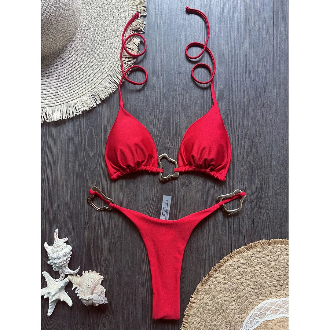 Shiny Metal Ring Halter Mini Thong Bikini Women Swimwear Female Swimsuit Two-pieces Bikini set Bather Bathing Suit Swim V6438