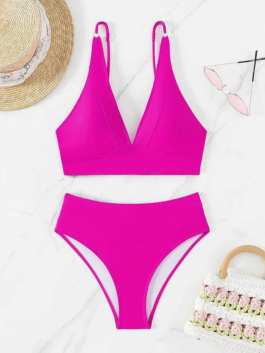 V Neck Bikinis 2024 Women High Waist Swimsuit Print Sexy Swimwear Female Bathers Bathing Swimming Swim Suit Beachwear Summer