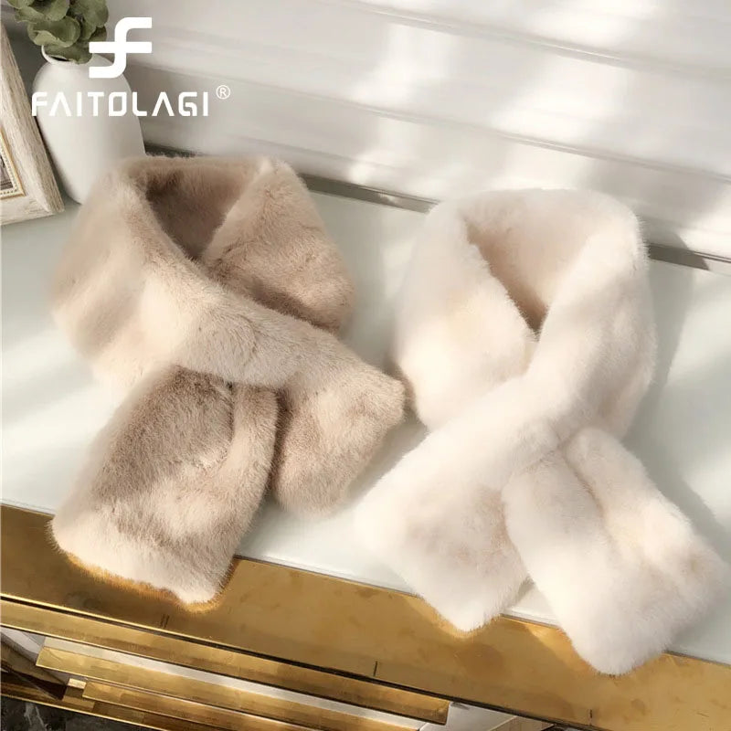 FAITOLAGI Korean Winter Faux Rabbit Fur Women Scarf Soft Plush Snood Scarves Solid Color Neck Collar Warmer Stuff Christmas Gift