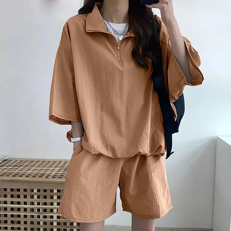 Korean Style Women's Summer Casual Sports Sun Protection Suit Two-Piece Set Workwear Jacket Shorts Polyester Fiber
