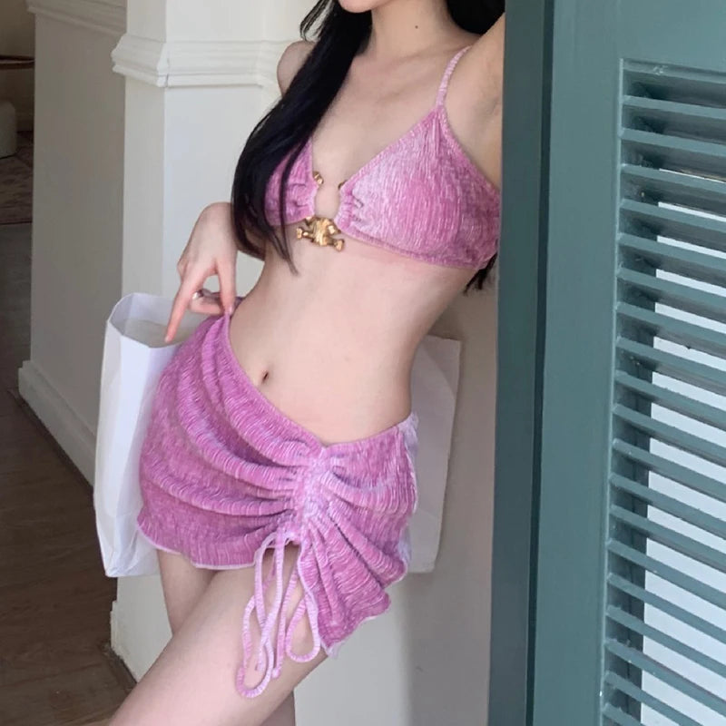 Sexy 3 Piece Bikini Swimsuit Women Sexy Hollow Out Split Bikinis Drawstring Mini Skirts Beach Vacation Bathing Suit Biquini Set