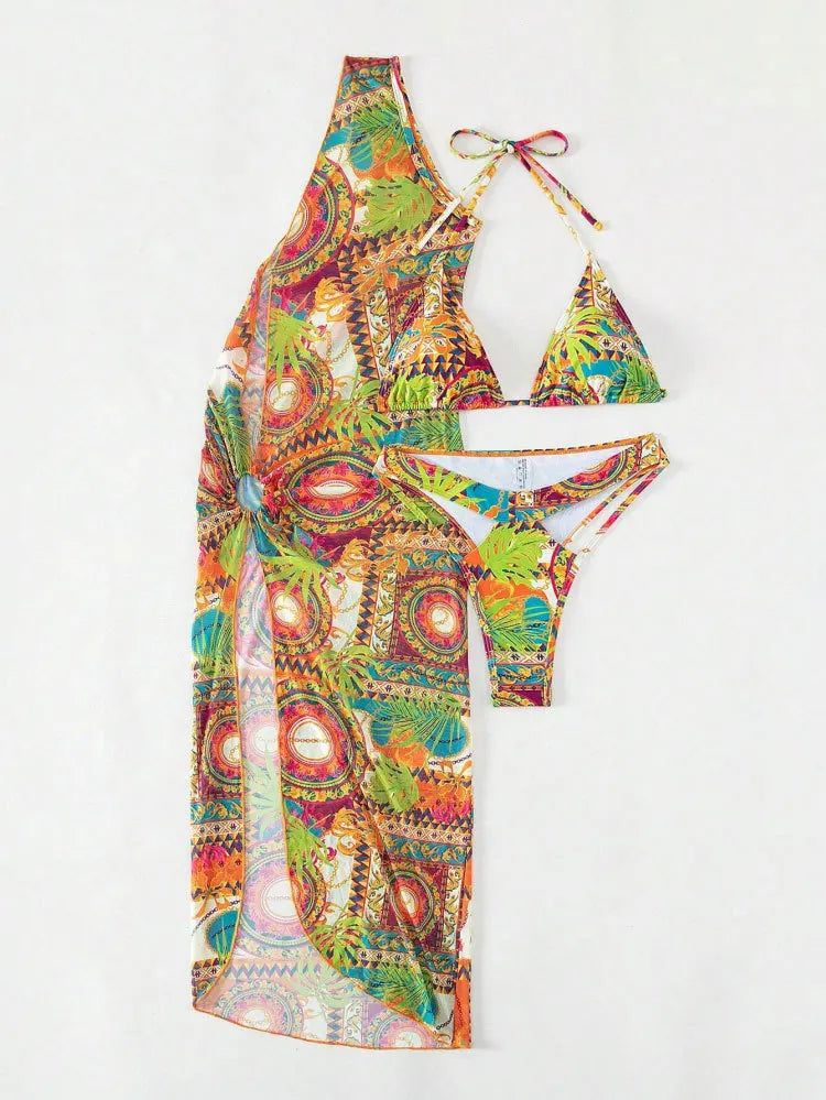 Cikini-One Shoulder Mesh Beach Skirt for Women, Sexy Bikinis Set, Summer Swimsuit, Bathing Suit, Three Piece