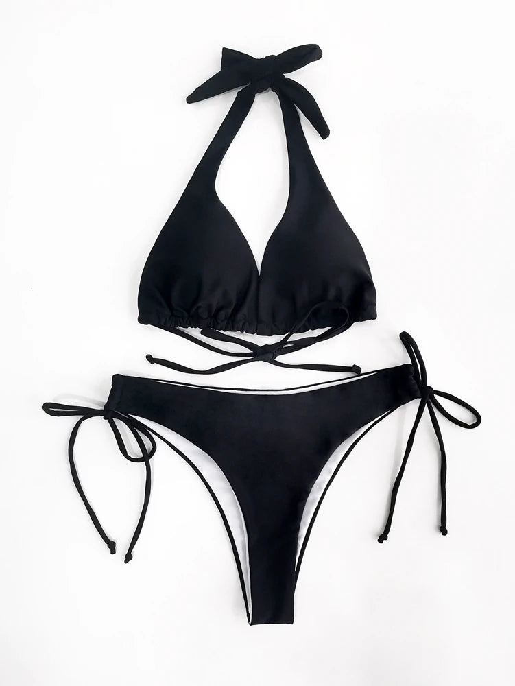 Sexy Halter Bikini Swimsuit Women Low Waisted 2025 New Black/Red/Rose Beach Bathing Suit Bandage Brazilian Swimwear Two Pieces