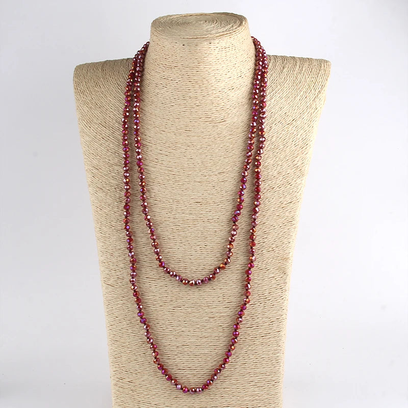 Fashion Bohemian Tribal Jewelry 6mm Crystal Long knotted Glass Crystal Necklace