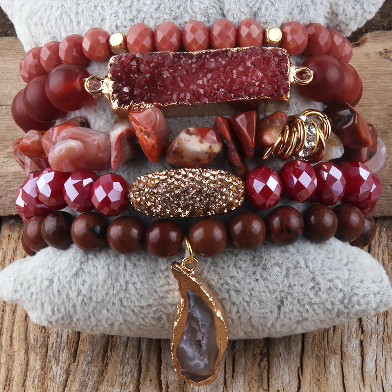 Fashion Designer Gemstone Crystal Glass Beaded Bracelet Sets Druzy Charm 5pc Stack Bracelet Bracelets Set For Women Jewelry Gift