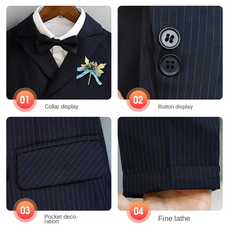 Kids Ceremony Attire blue Fashion Stripe Piano Performance Tuxedo Boys Wedding Suit Formal Children School Uniform Blazer Set