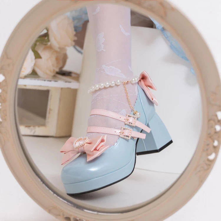 Lolita Shoes New Japanese Cute Round Head Pearl Bow Clips Leather Shoes Pumps Women Mary Jane Shoes High Heels Girls