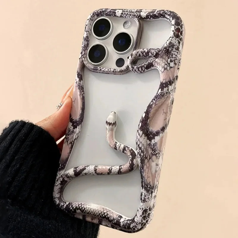 Luxury Stylish 3D Snake Hollow Phone Case For iPhone 16 Pro Max 15 14 Plus 13 12 11 Shockproof Skin Glossy Grain Cooling Cover