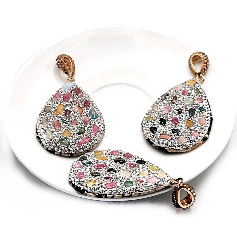 Micro Inlay Irregular Rainbow Tourmaline Pendant Jewelry for Women Girls Necklace Making with Clear Rhinestone