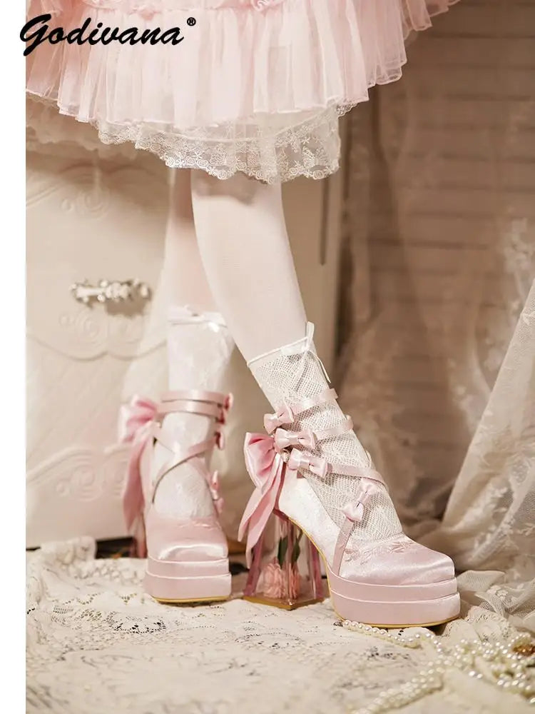 Original Lolita High Heels Elegant Ladies Camellia Embroidery Sweet Bow Satin Mary Jane Shoes Cos Shoes Women's Chunky Heels