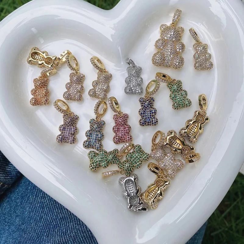 Luxury Fine Inlaid Rainbow Cubic Zirconia Charm Pendant,Cute Bear Jewelry Necklace Bracelet Making Wholesale Supplies M85