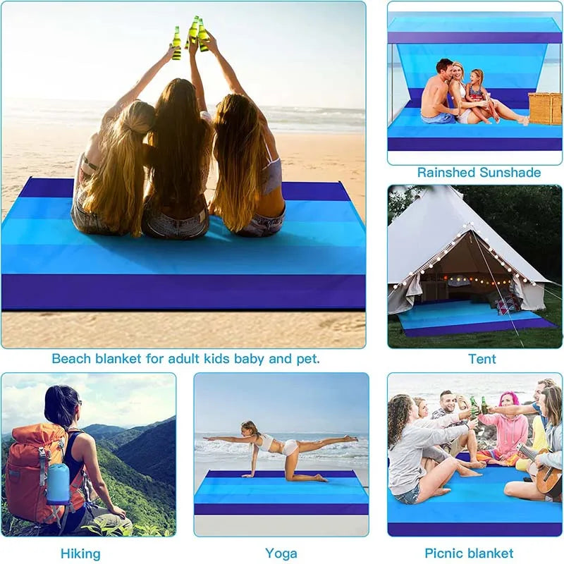 Oversized Sandproof Beach Picnic Mat Waterproof Pocket Beach Blanket Outdoor Tent Sunscreen Foldable Lightweigh Beach Towels