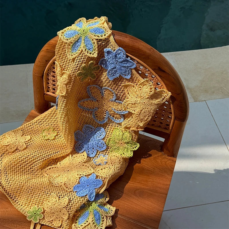 Sexy Beach Women's Set Beading Flower Crochet Crop Top Slim Maxi Skirt Female Suit 2025 Summer Hollow Out Knit Lady Dress Sets