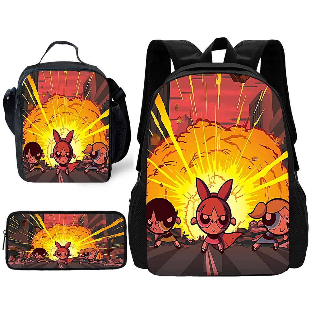 Cute P-PowerpuffS Girls 3 pcs set Child School Backpack with Lunch Bags ,Pencil Bags ,School Bags for Boys Girls Best Gift