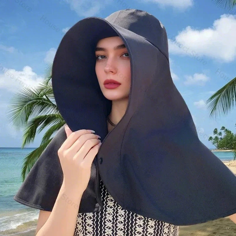 Summer Women Cap Outdoor Uv Anti Neck Protection Sun Visors Hat Fishing Hiking Big Brim Shawl Sunscreen Ponytail Cap Solid Color