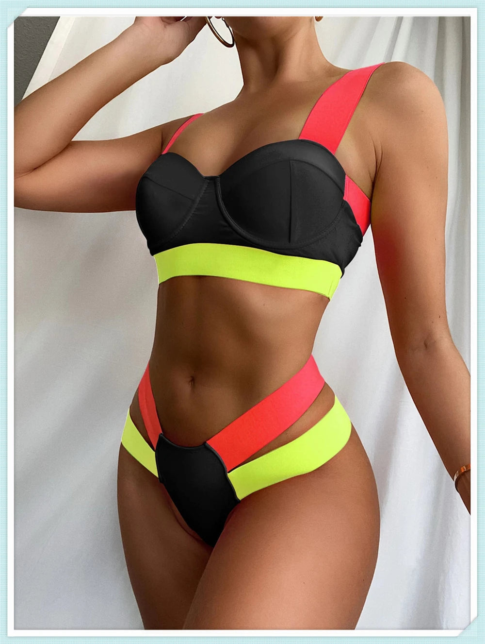 Solid Bandage Bikini Women Push Up Swimsuit Sexy Swimwear Female Brazilian Bathing Swimming Suit Bather Splicing Color Beachwear