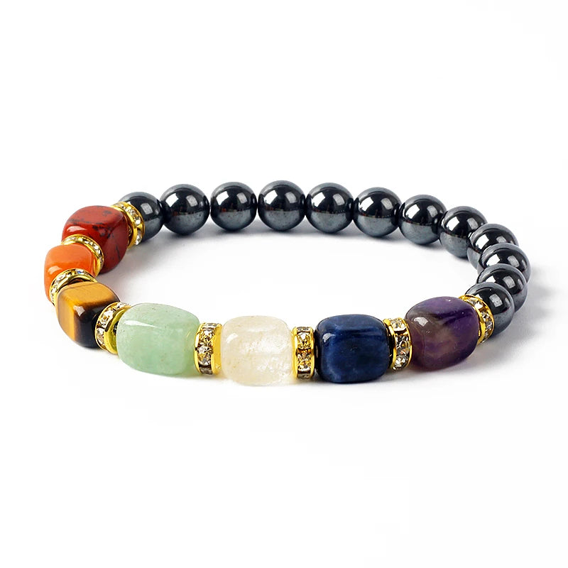 Natural Stone 7 Chakra Bracelets Reiki Healing Energy Hematite Tiger Eye Beaded Elastic Bracelets for Women Girls Yoga Jewelry