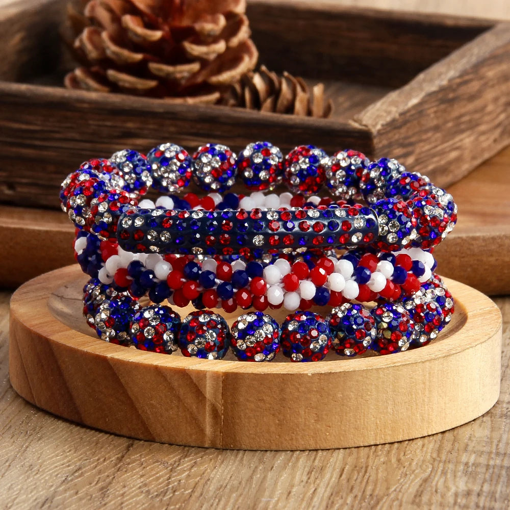 New American Independence Day 3pcs Stack Bracelet Set 10mm Red White Blue Mixed Rhinestone Ball Glass Beaded Elastic Bracelet