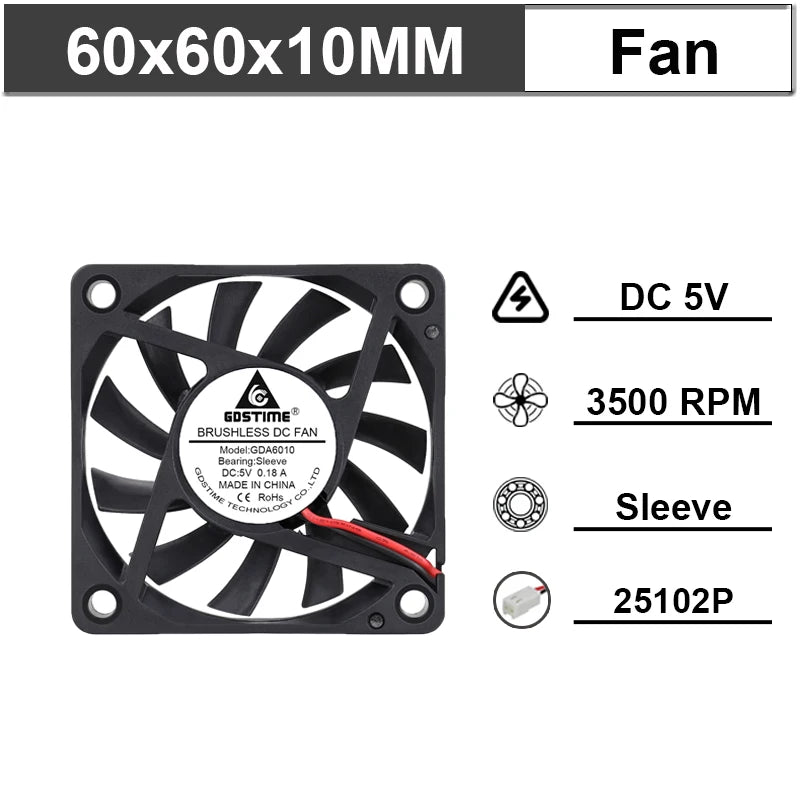 Gdstime 60mm 6cm Brushless Cooler USB 2Pin 3Pin DC 5V 12V 24V Fan 60x10mm 6010 Dual Ball for Computer Pc Cpu Case Cooling Fan