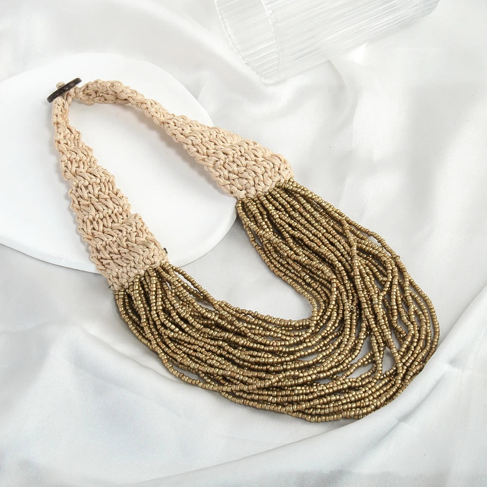 Western fashion retro Bohemian ethnic style exaggerated women's necklaces multiple layers hand woven rice bead wax rope necklace